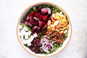 salad bowl with beet salad ingredients
