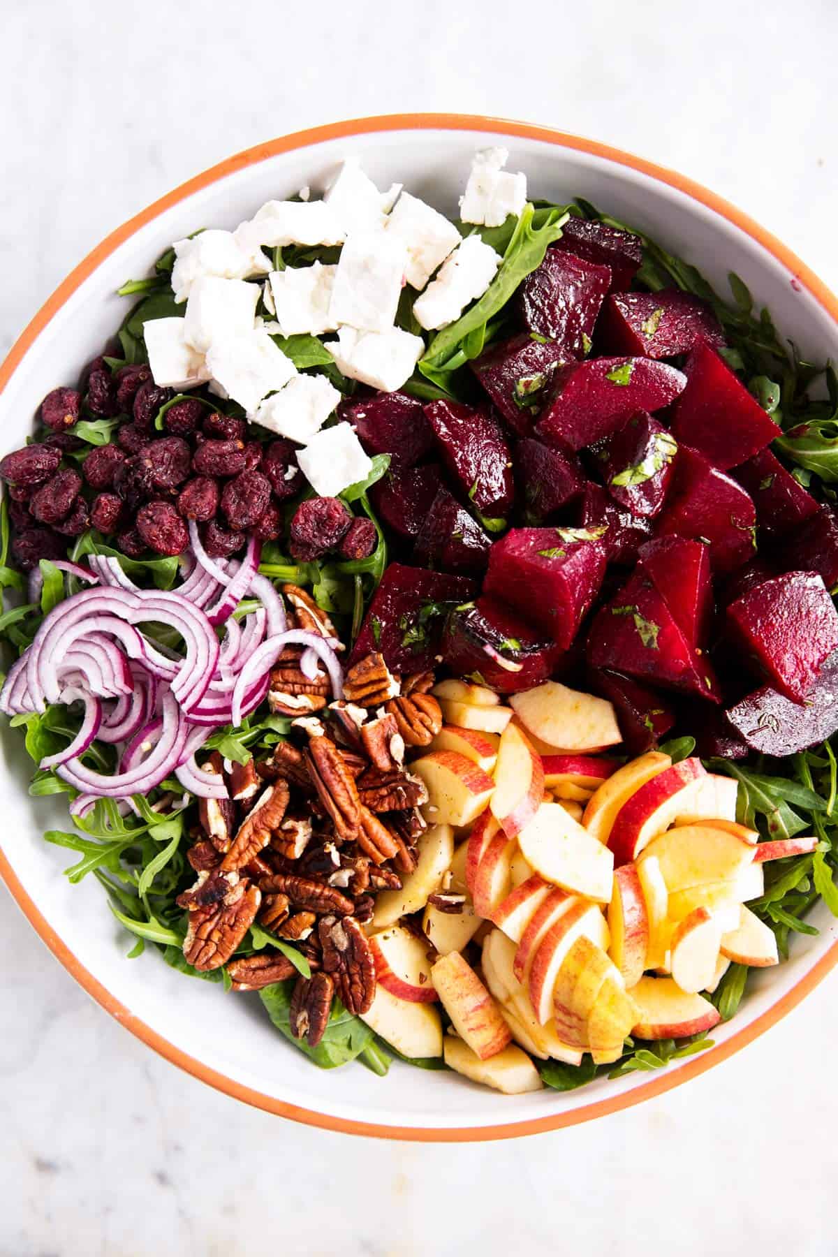 salad bowl with beet salad ingredients