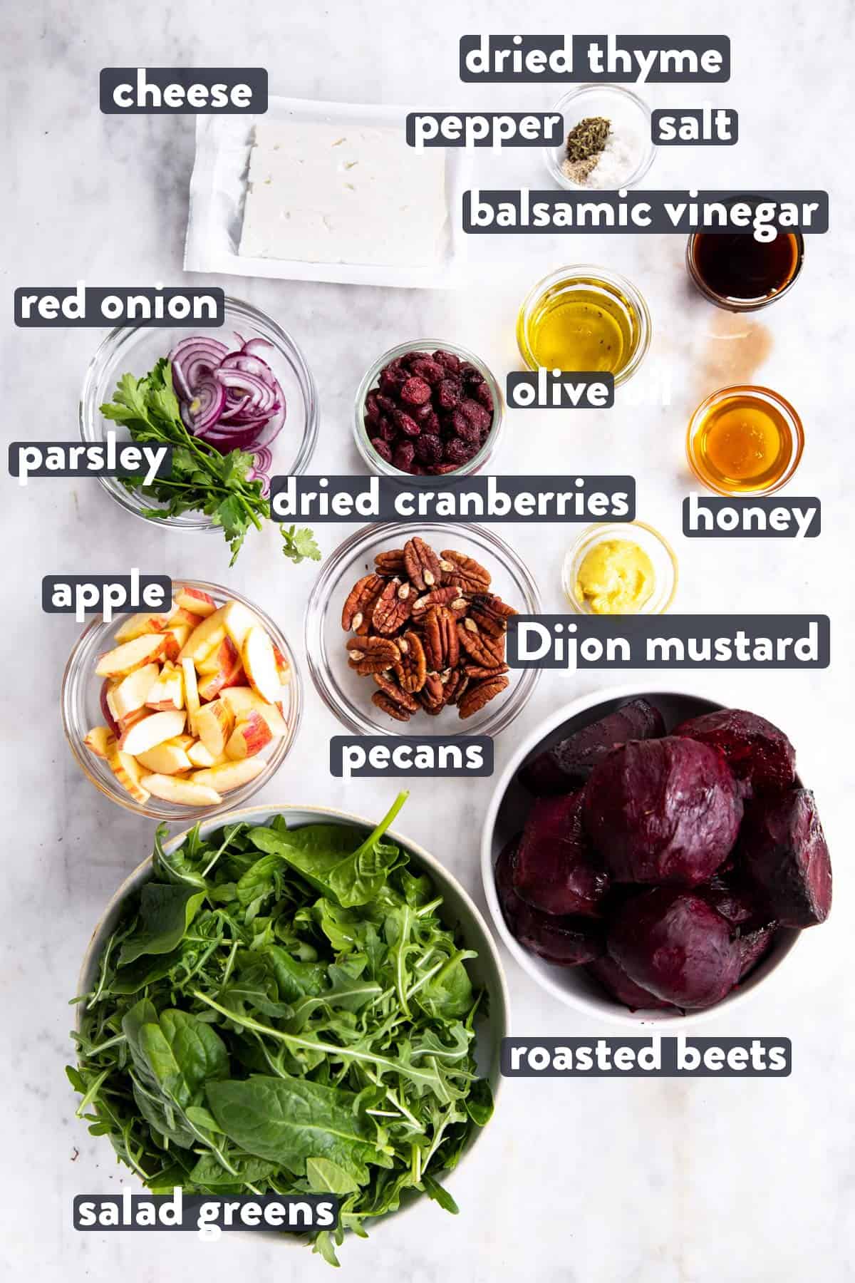 ingredients for roasted beet salad with text labels