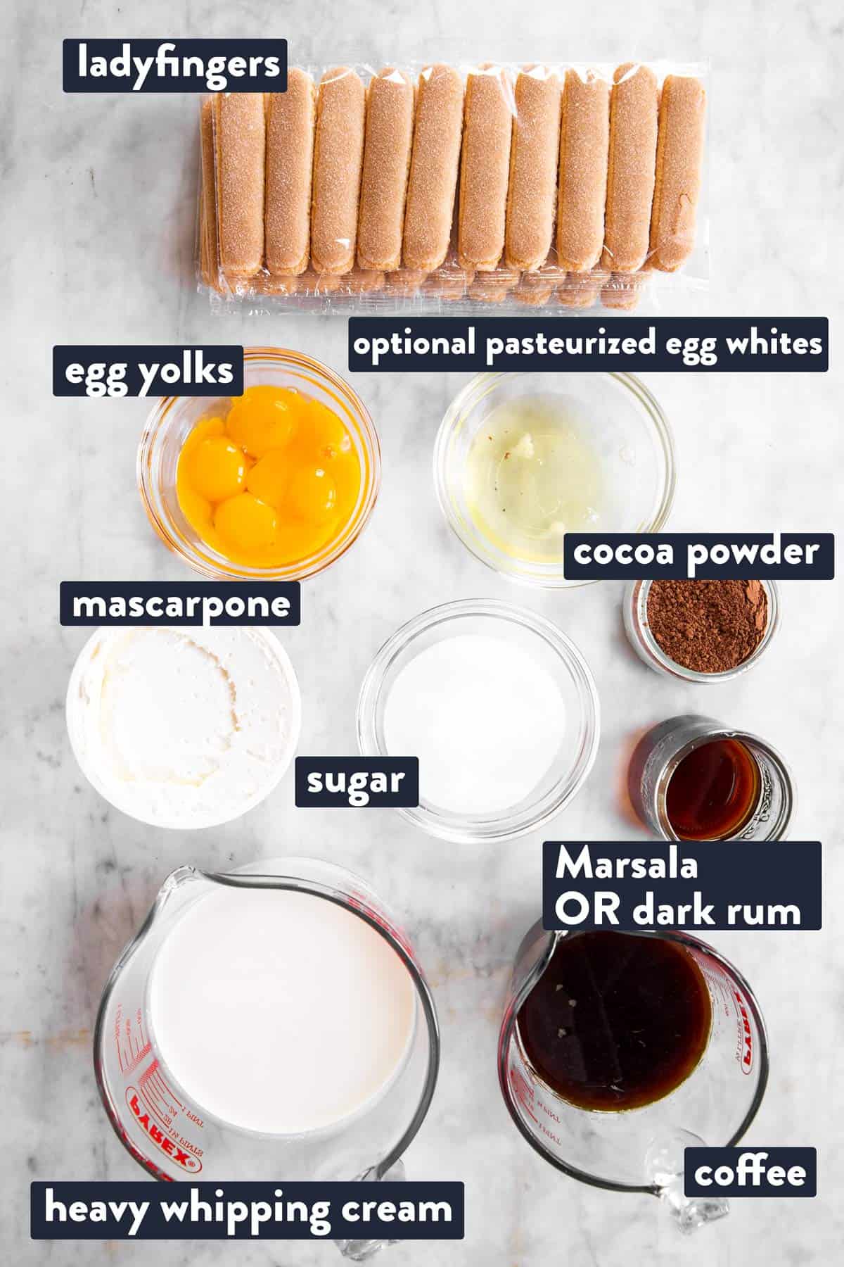 ingredients for tiramisu with text labels