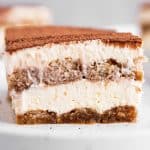 slice of tiramisu on white plate