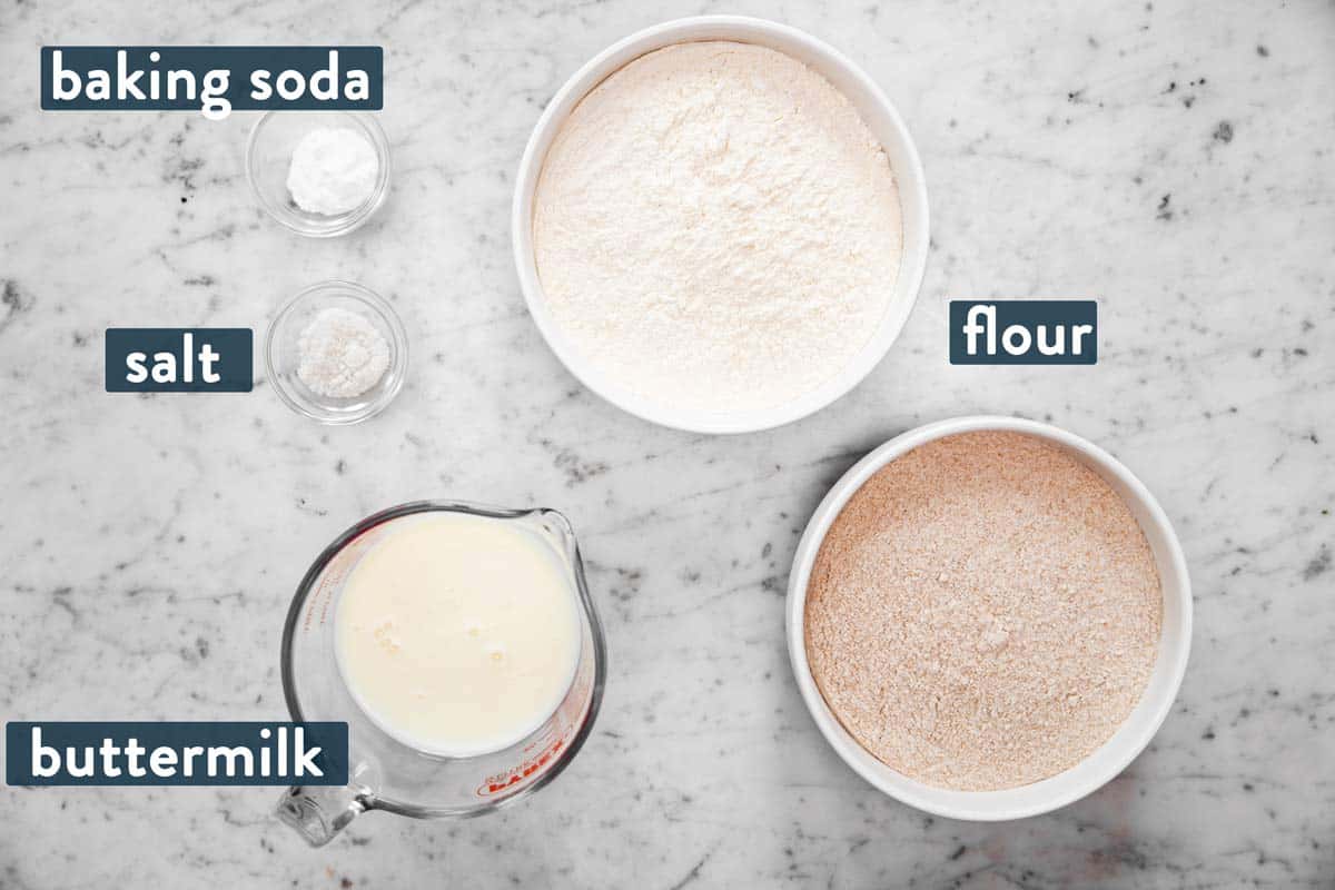 ingredients for traditional irish soda bread with text labels