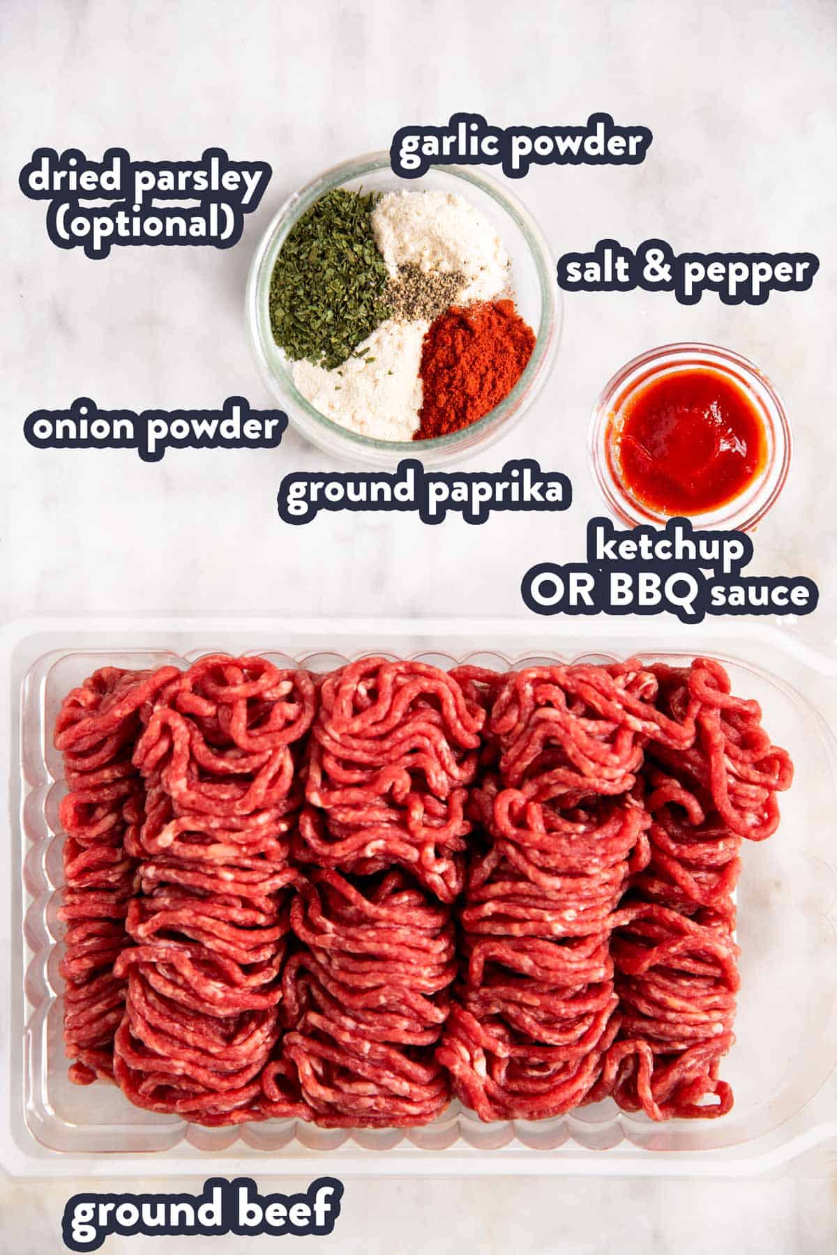 ingredients for air fryer burgers with text labels