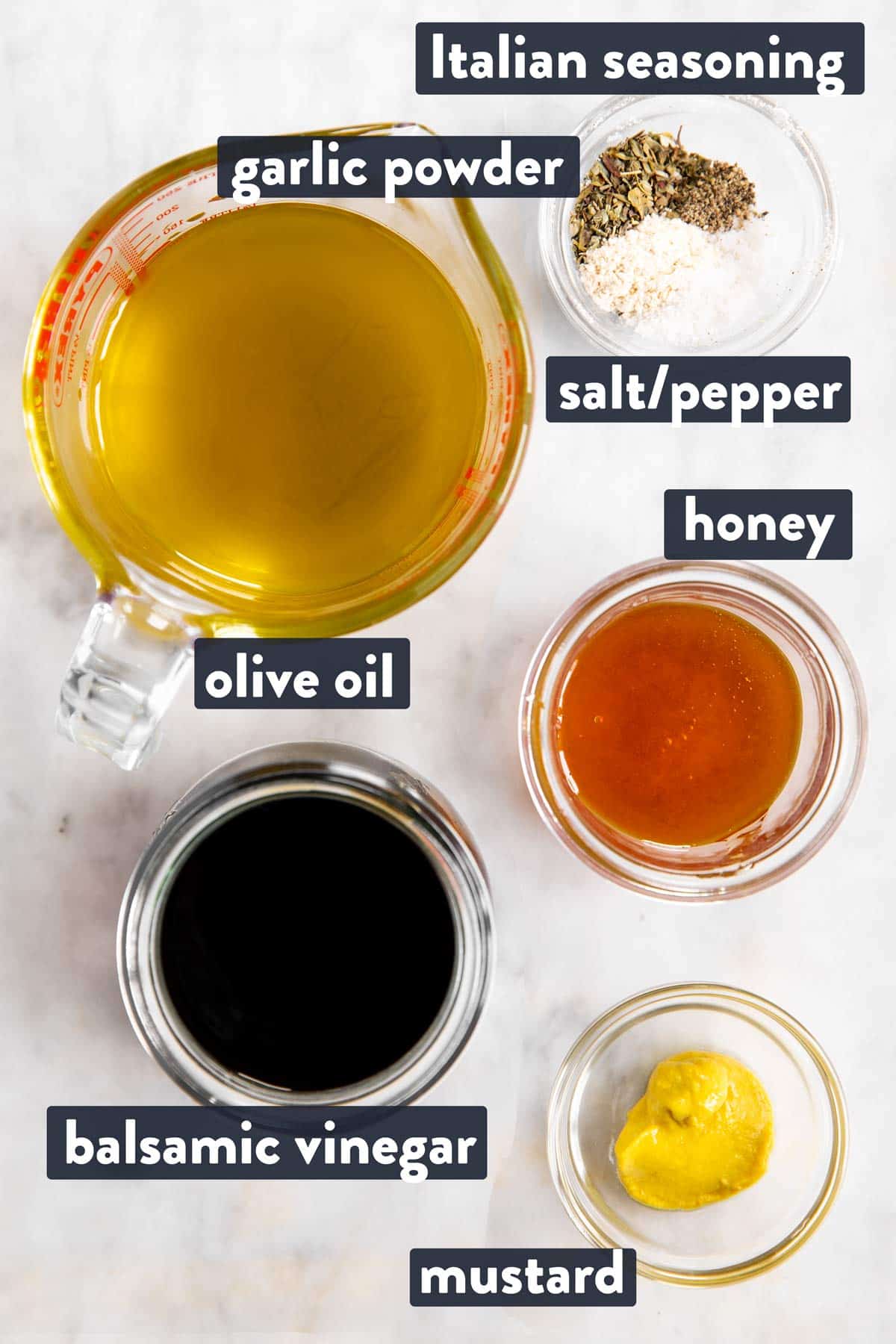 ingredients for balsamic vinaigrette dressing with text labels