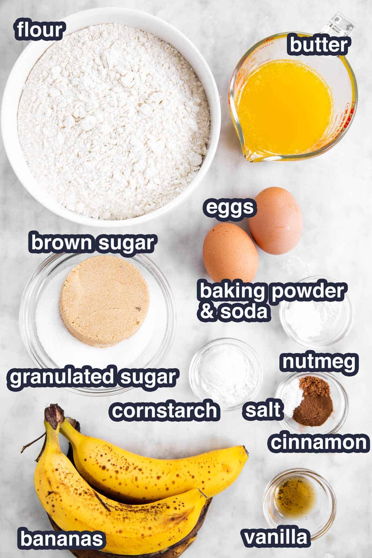 ingredients for banana bread with text labels