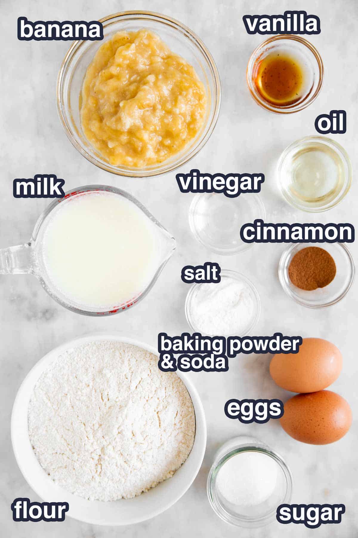 ingredients for banana pancakes with text labels