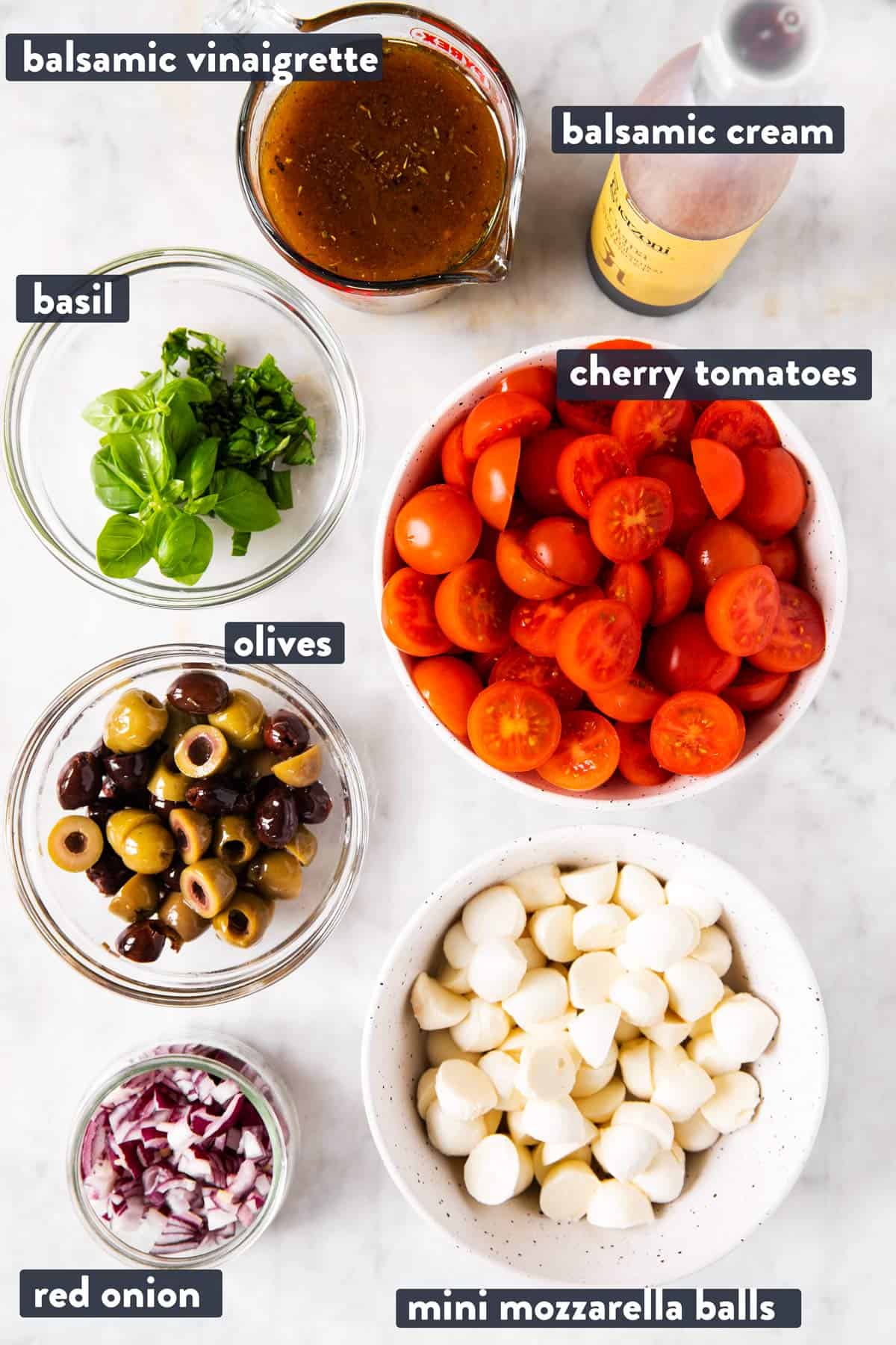 ingredients for cherry tomato salad with text labels