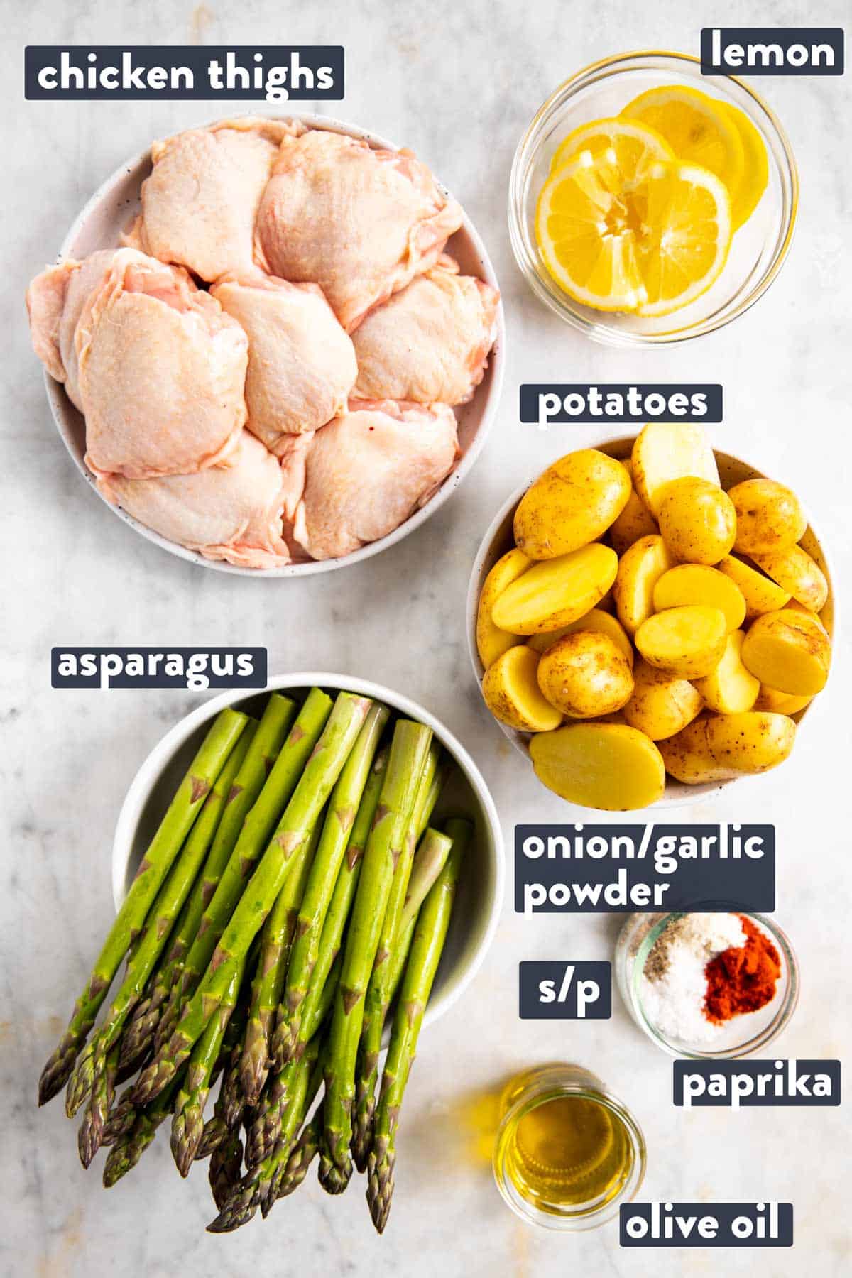 ingredients for chicken and asparagus sheet pan dinner with text labels