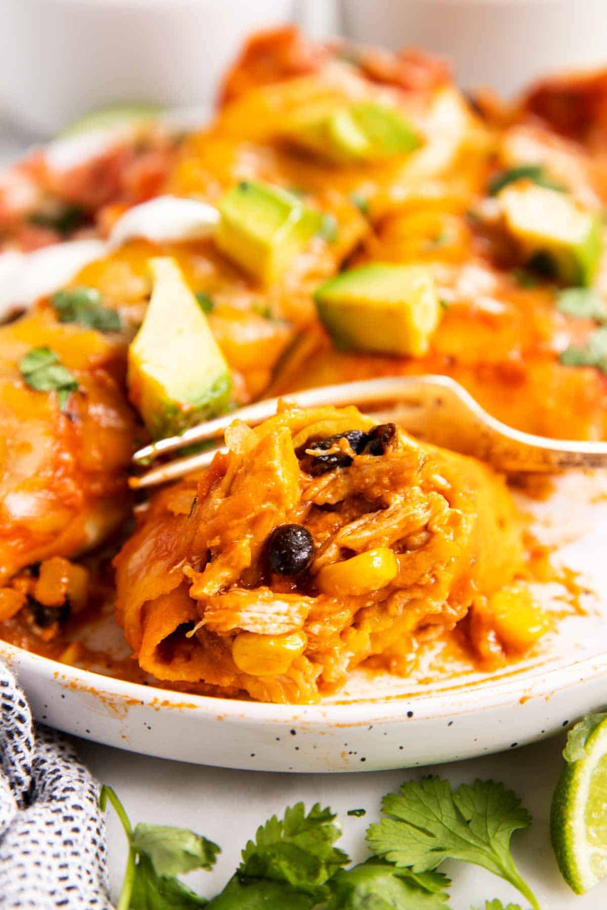 frontal view of fork digging into chicken enchilada on white plate