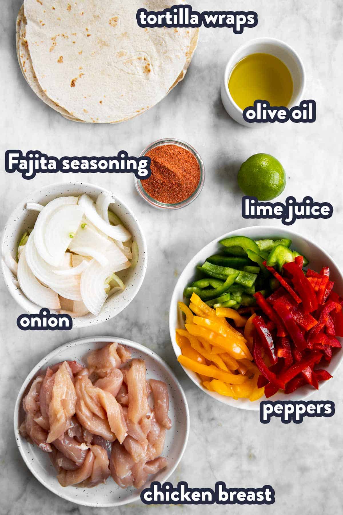 ingredients for chicken fajitas with text labels