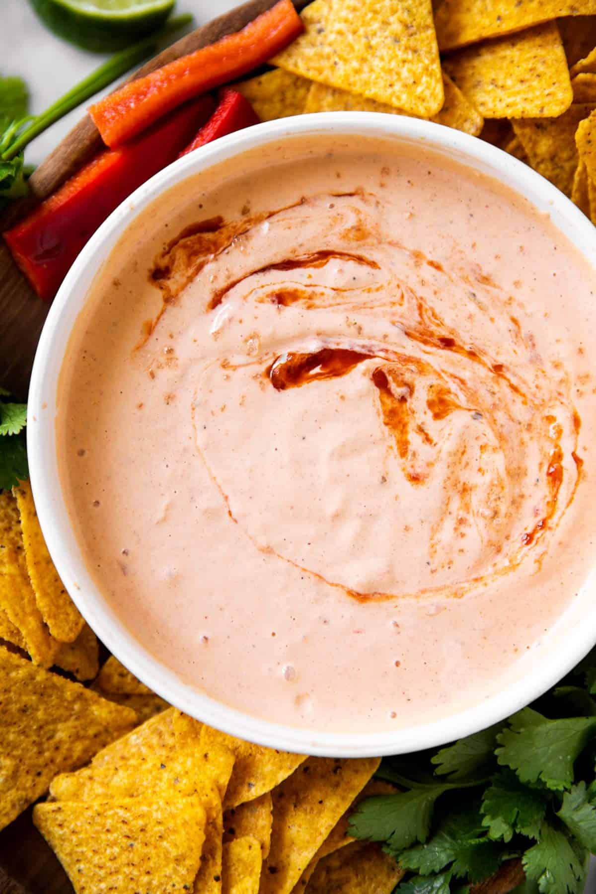 overhead view of white bowl filled with chipotle mayo