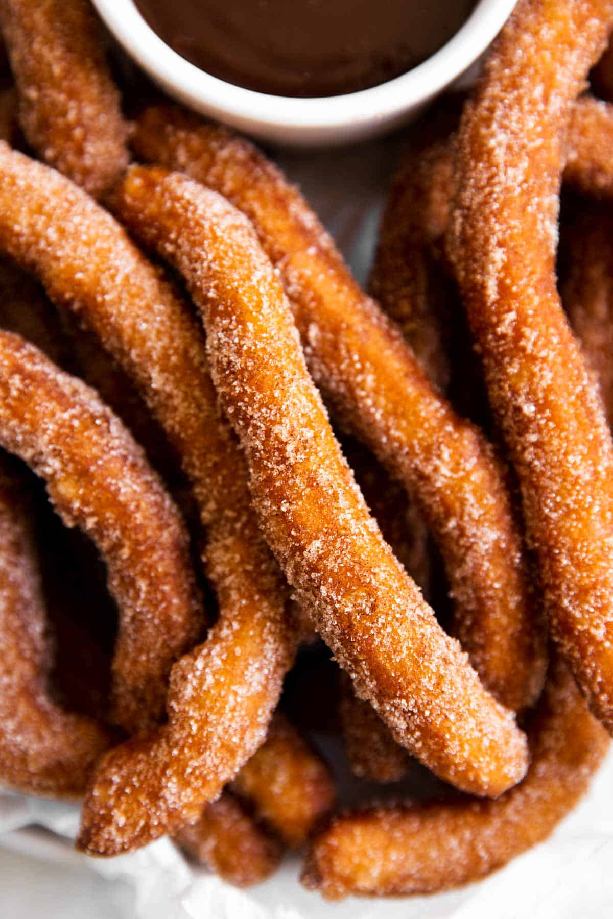 close up of piled up churros