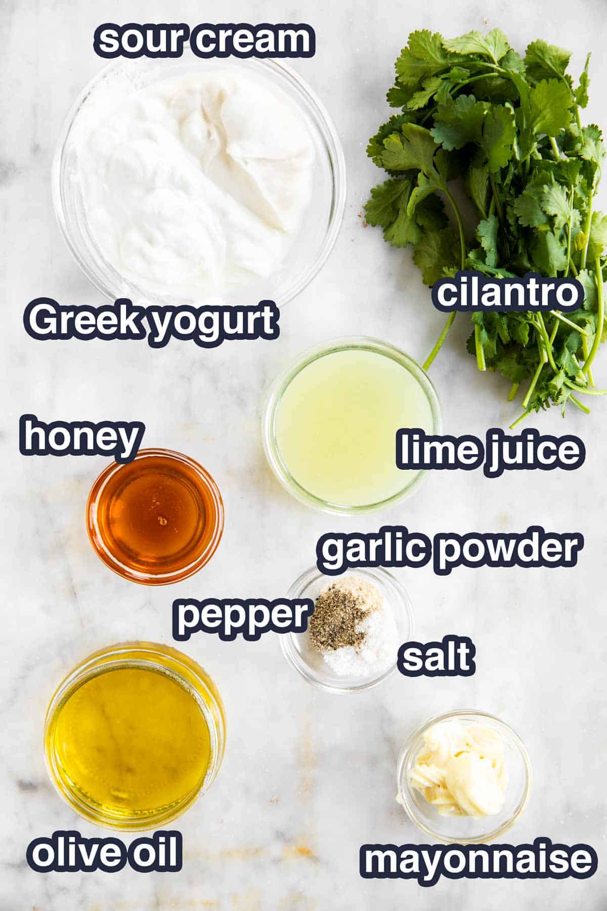 ingredients for cilantro lime dressing with text labels