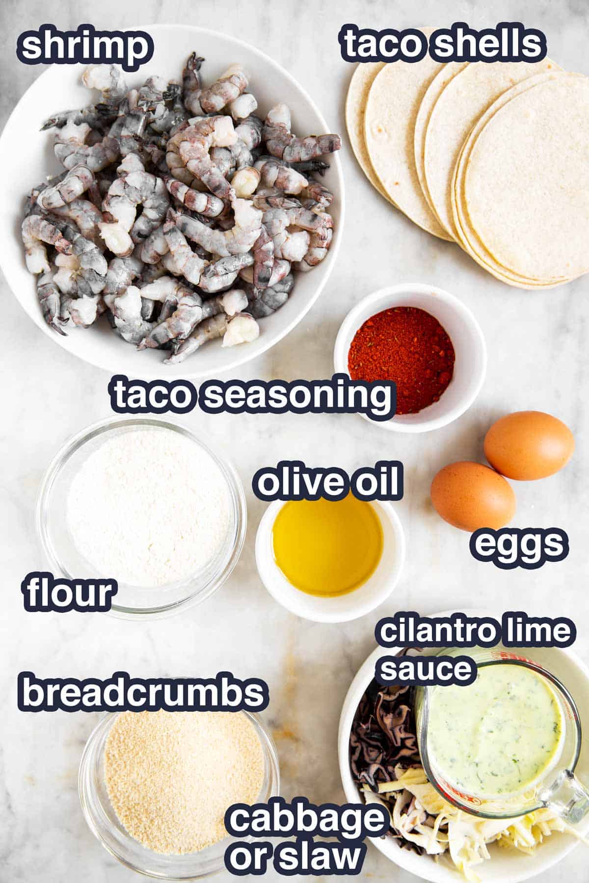 ingredients for crispy shrimp tacos with text labels