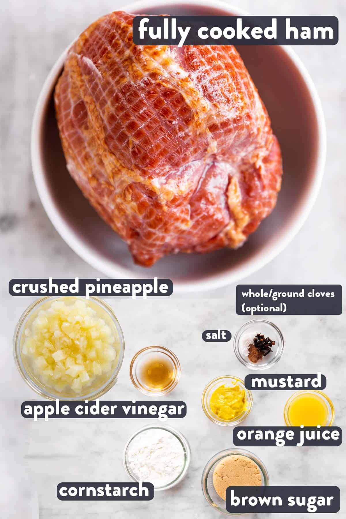 ingredients for crockpot brown sugar pineapple ham with text labels
