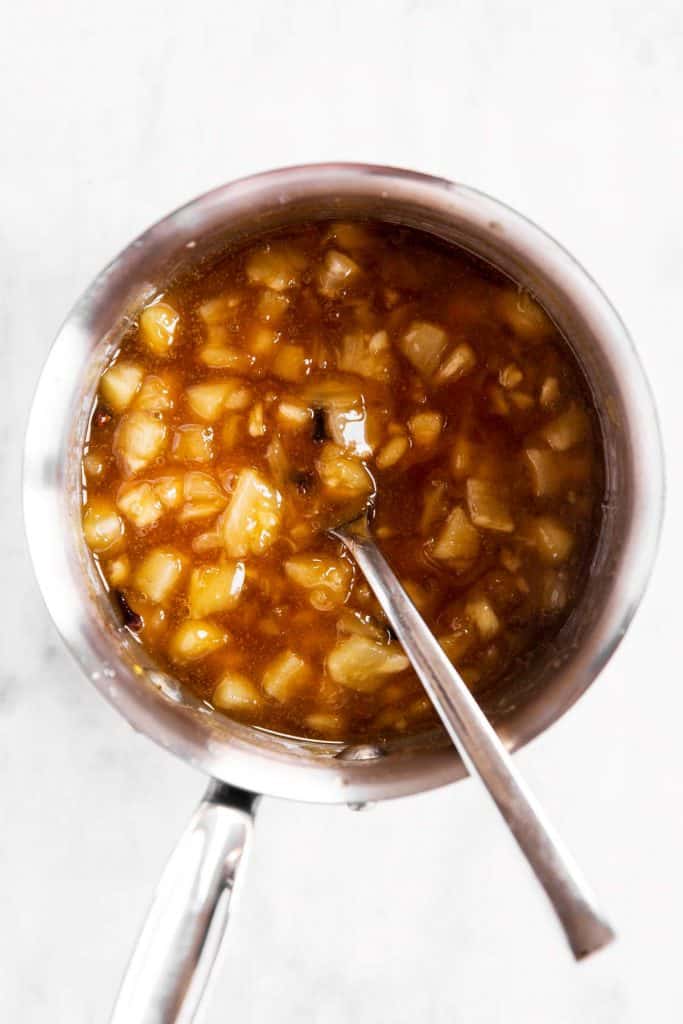 cooked brown sugar pineapple glaze in saucepan