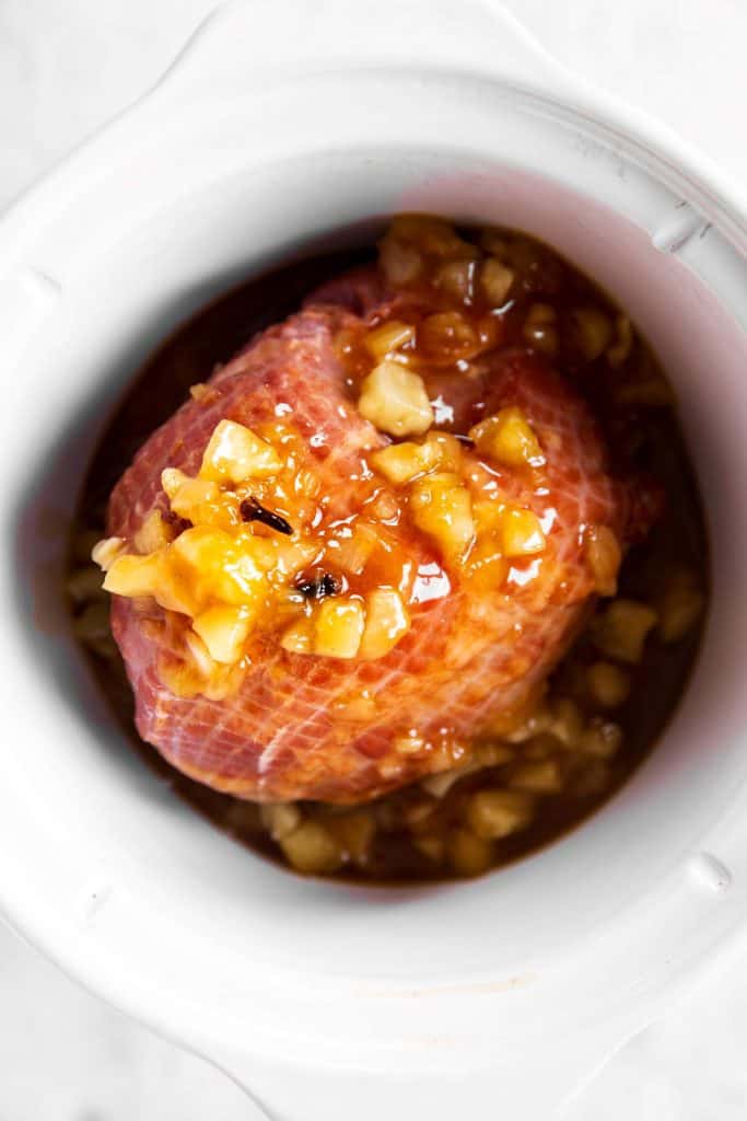 ham with pineapple glaze in white crockpot