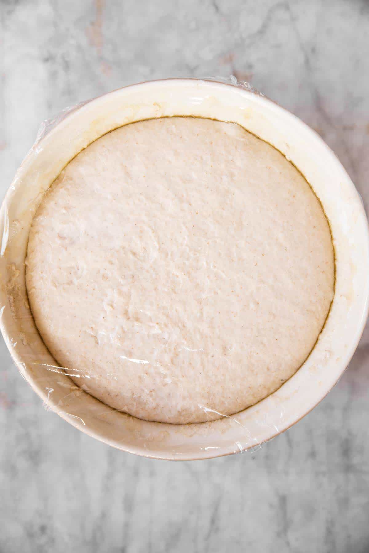 sourdough bread dough in white bowl after first rise