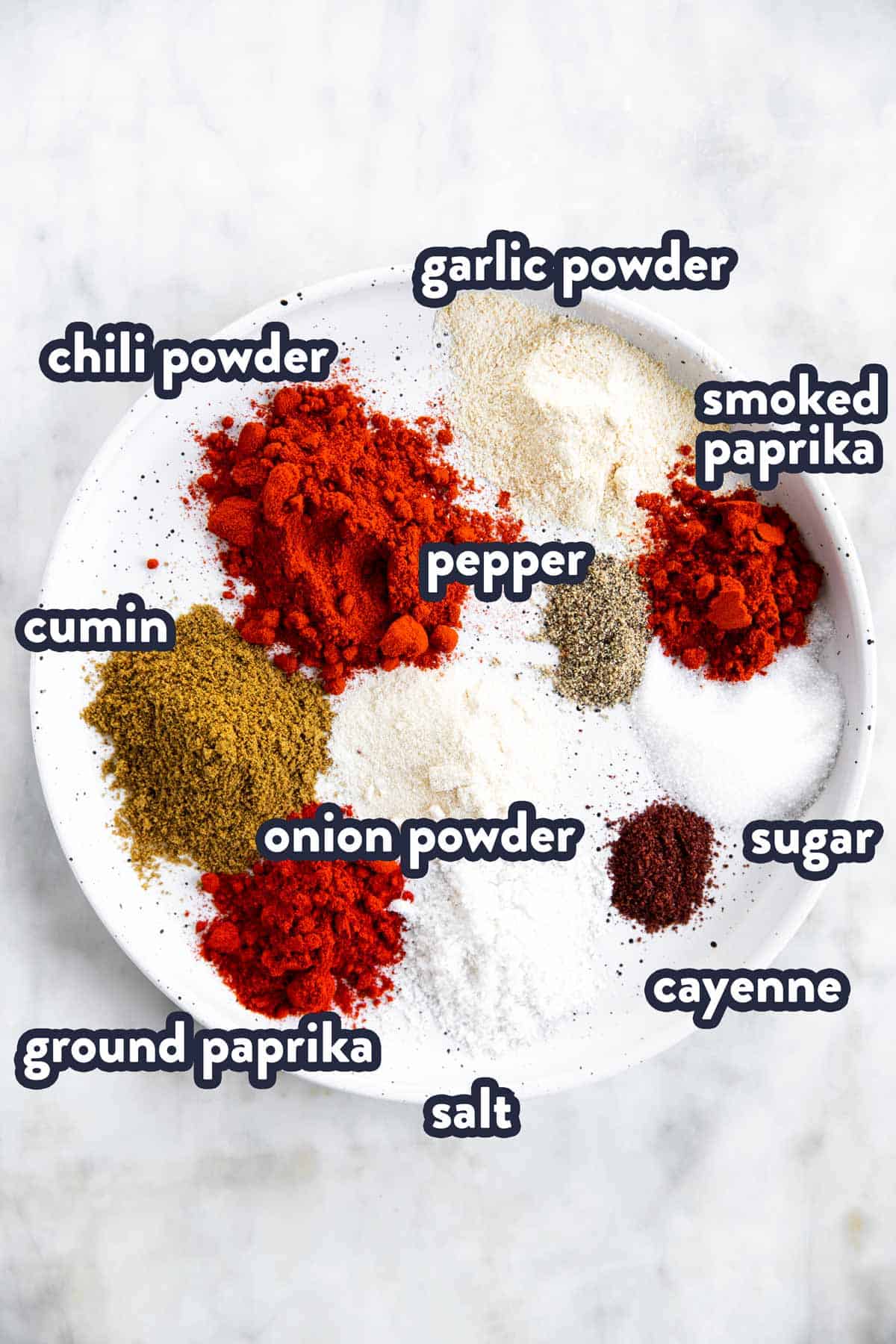 ingredients for homemade fajita seasoning with text labels