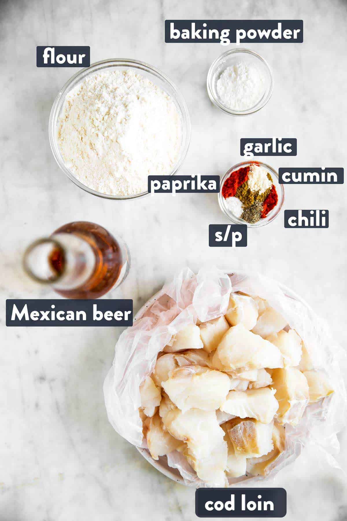 ingredients for fried fish to make Baja fish tacos with text labels