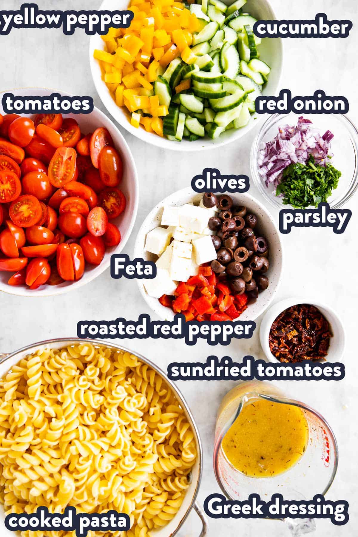 ingredients for Greek pasta salad