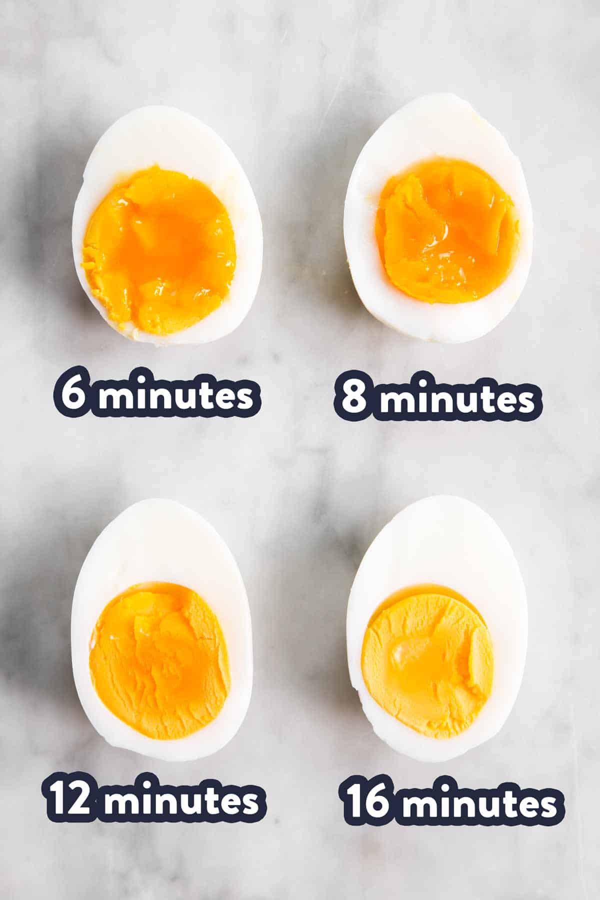 four halved hard boiled eggs with minutes of cooking labelled underneath each egg halve