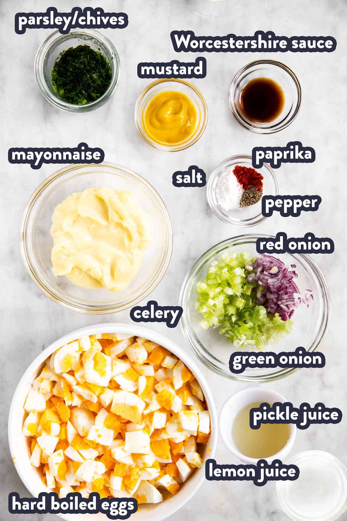 ingredients for classic egg salad with text labels