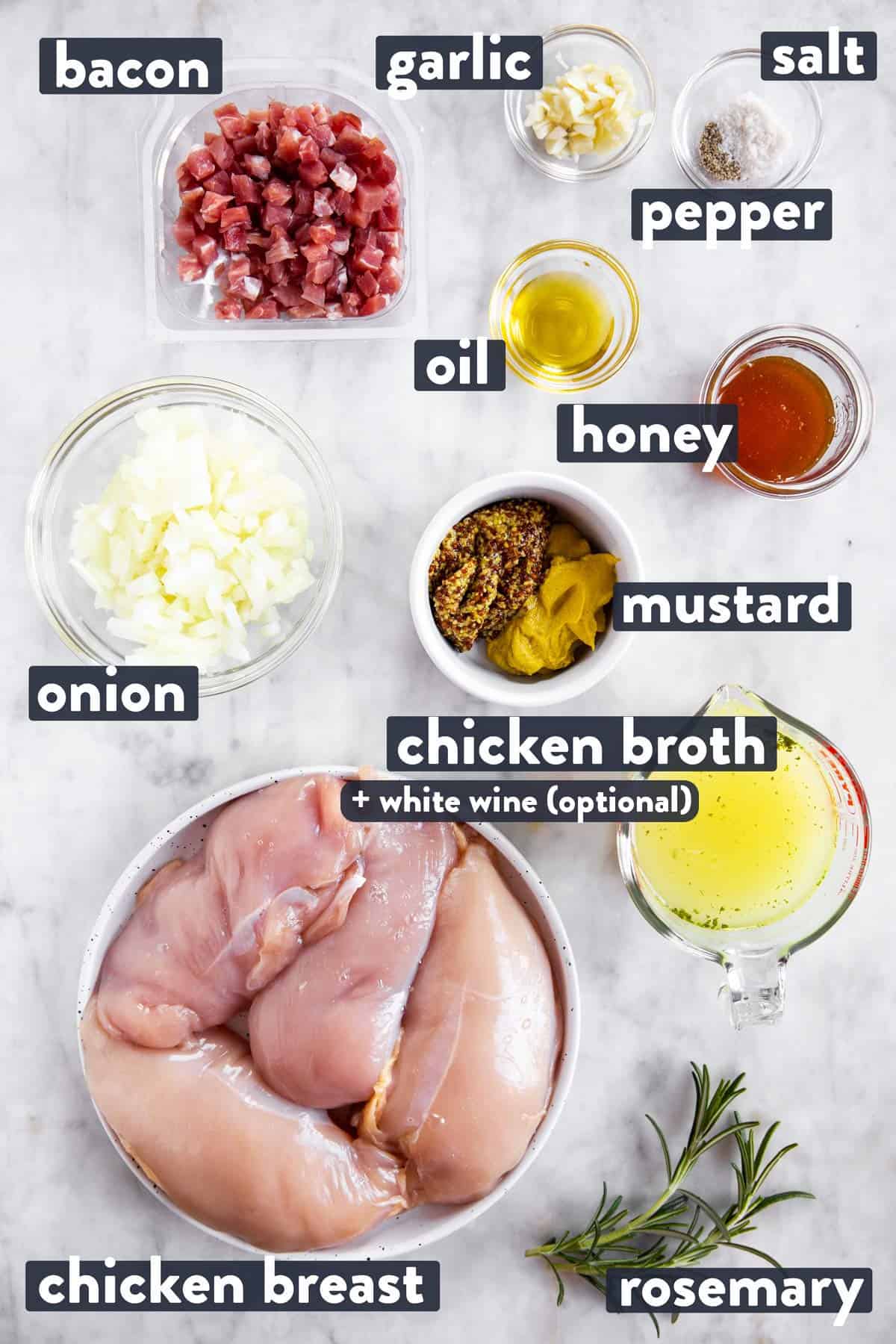 ingredients for honey mustard chicken with text labels