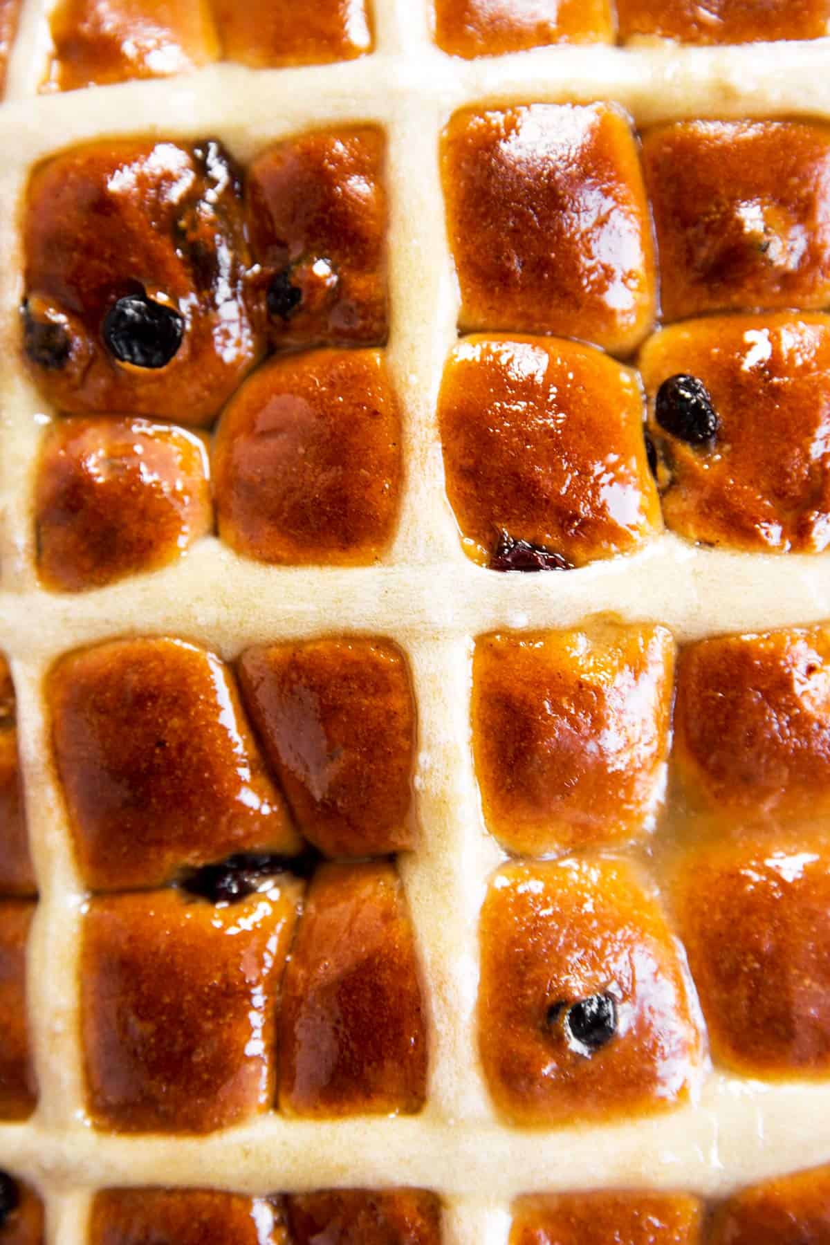 overhead close up of baked hot cross buns