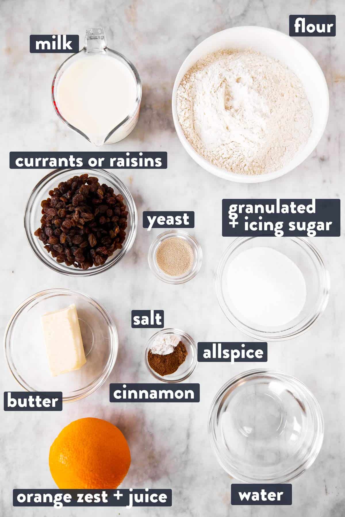 ingredients for hot cross buns with text labels