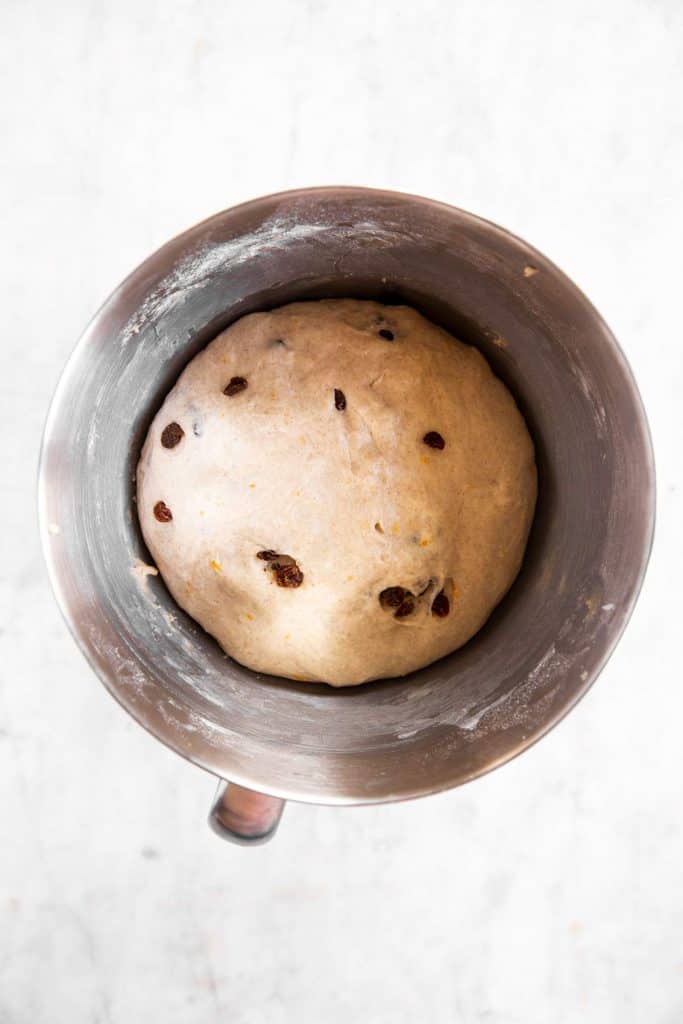 hot cross bun dough in bowl after second rise