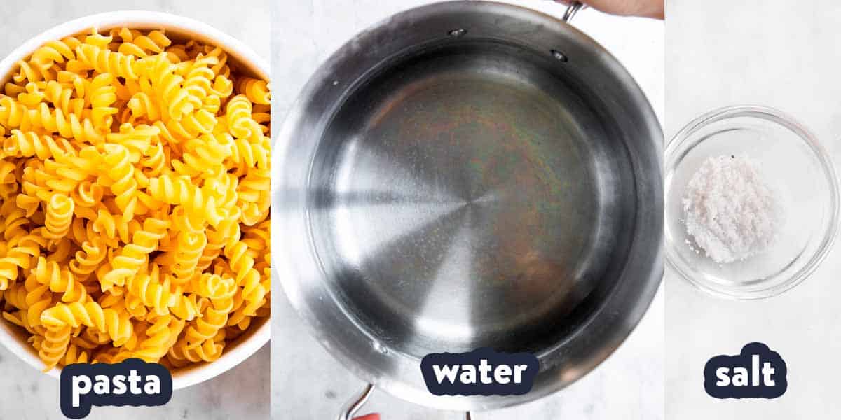 ingredients to cook pasta: Pasta, water and salt.