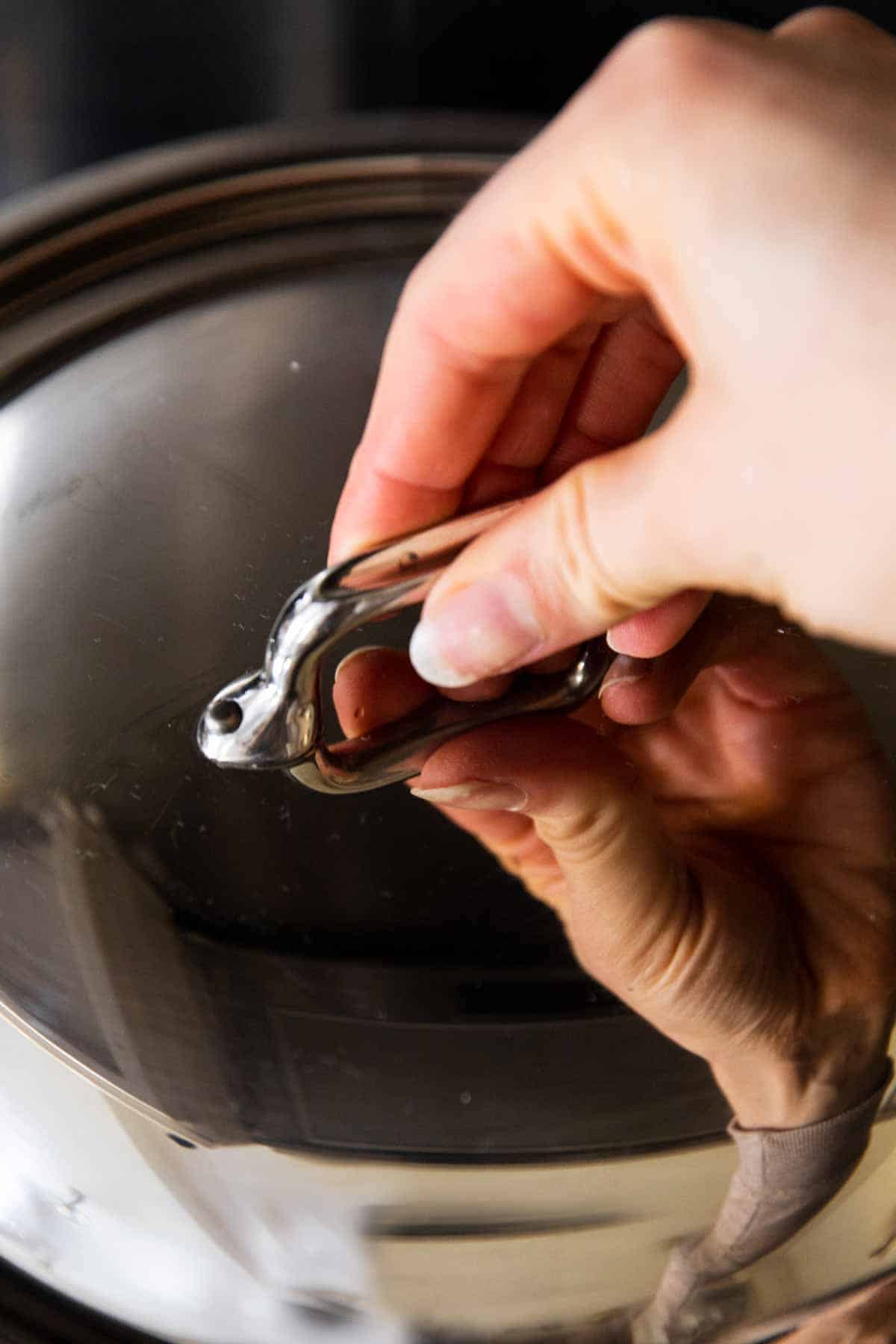 female hand placing lid on pot