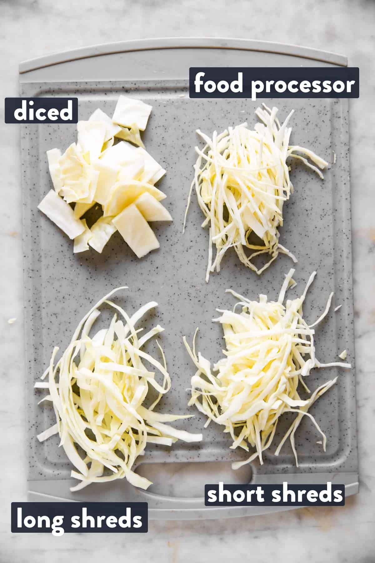 white cabbage sliced four different ways on grey chopping board with text labels