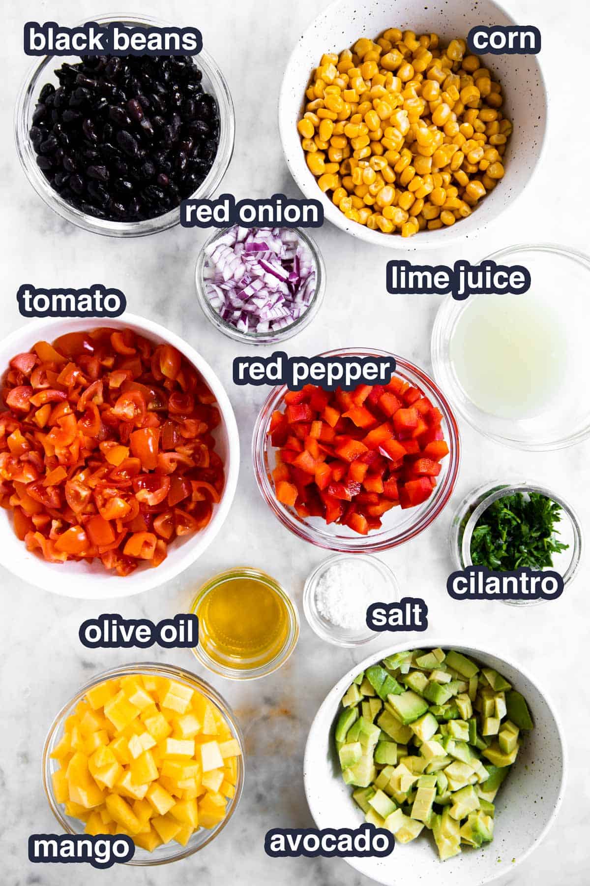 ingredients for mango black bean salsa with text labels