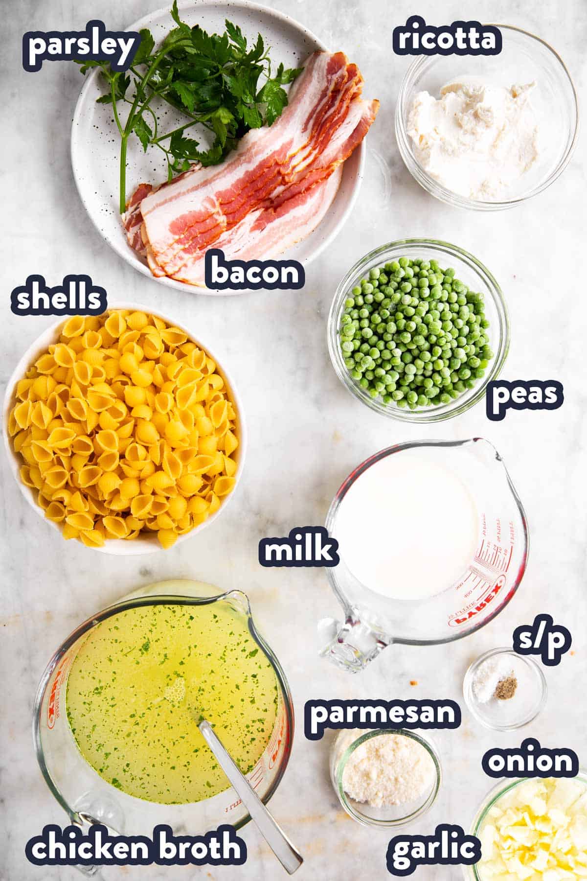 ingredients for pea and bacon pasta with text labels