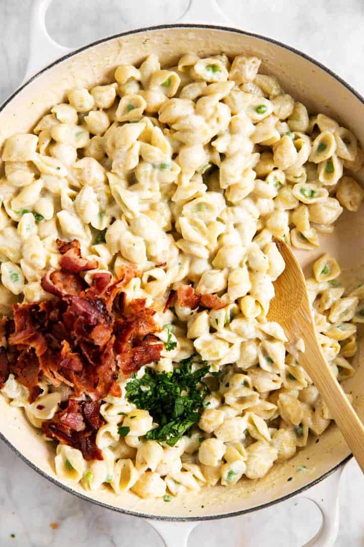 One Pot Pea and Bacon Pasta Recipe Savory Nothings