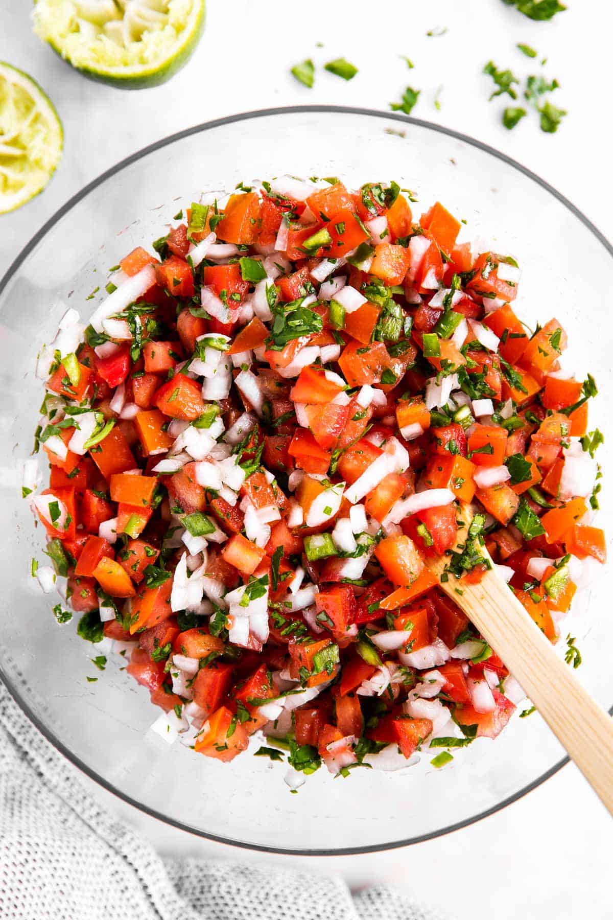 overhead view of pico de Gallo in glass bowl