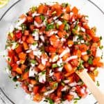 overhead view of pico de Gallo in glass bowl