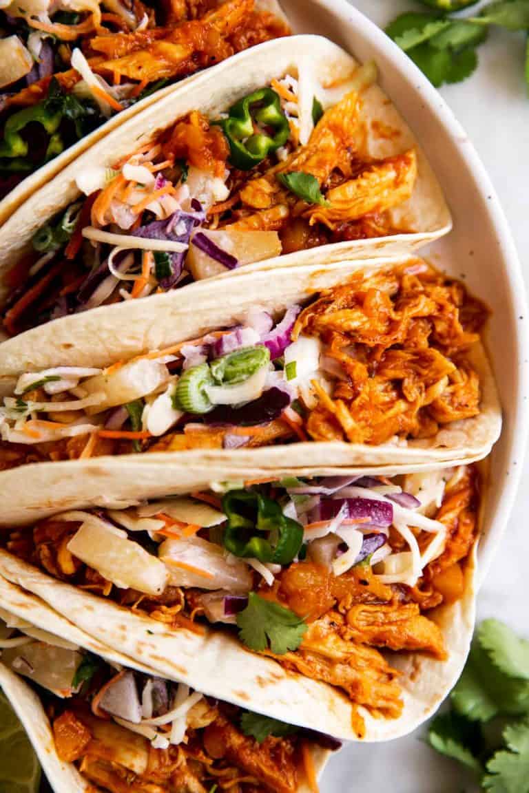 Pineapple BBQ Pulled Chicken Tacos - Savory Nothings