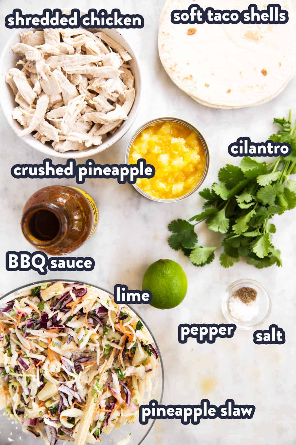 ingredients for pineapple bbq pulled chicken tacos with text labels