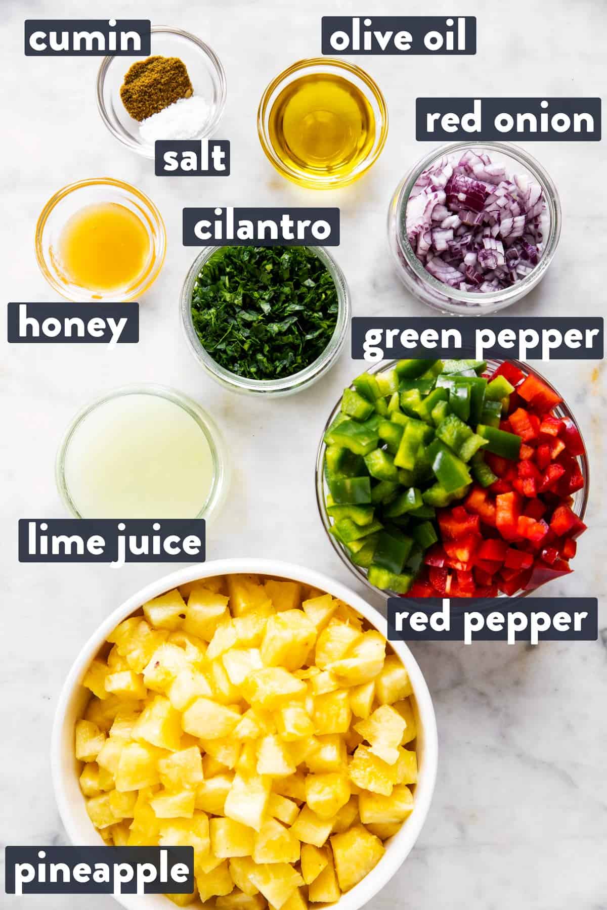 ingredients for pineapple salsa with text labels