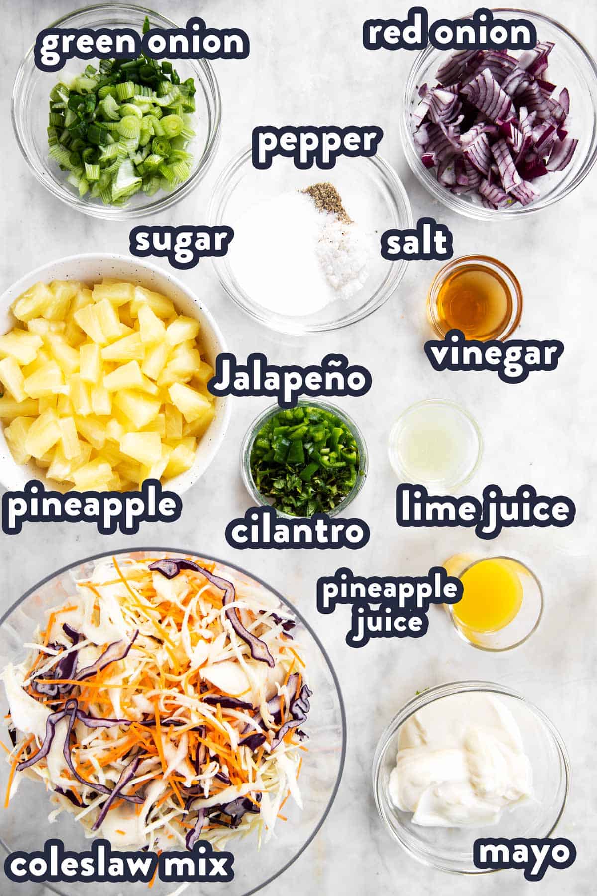 ingredients for pineapple coleslaw with text labels
