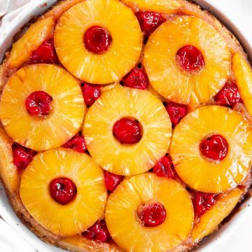 overhead close up view of pineapple upside down cake