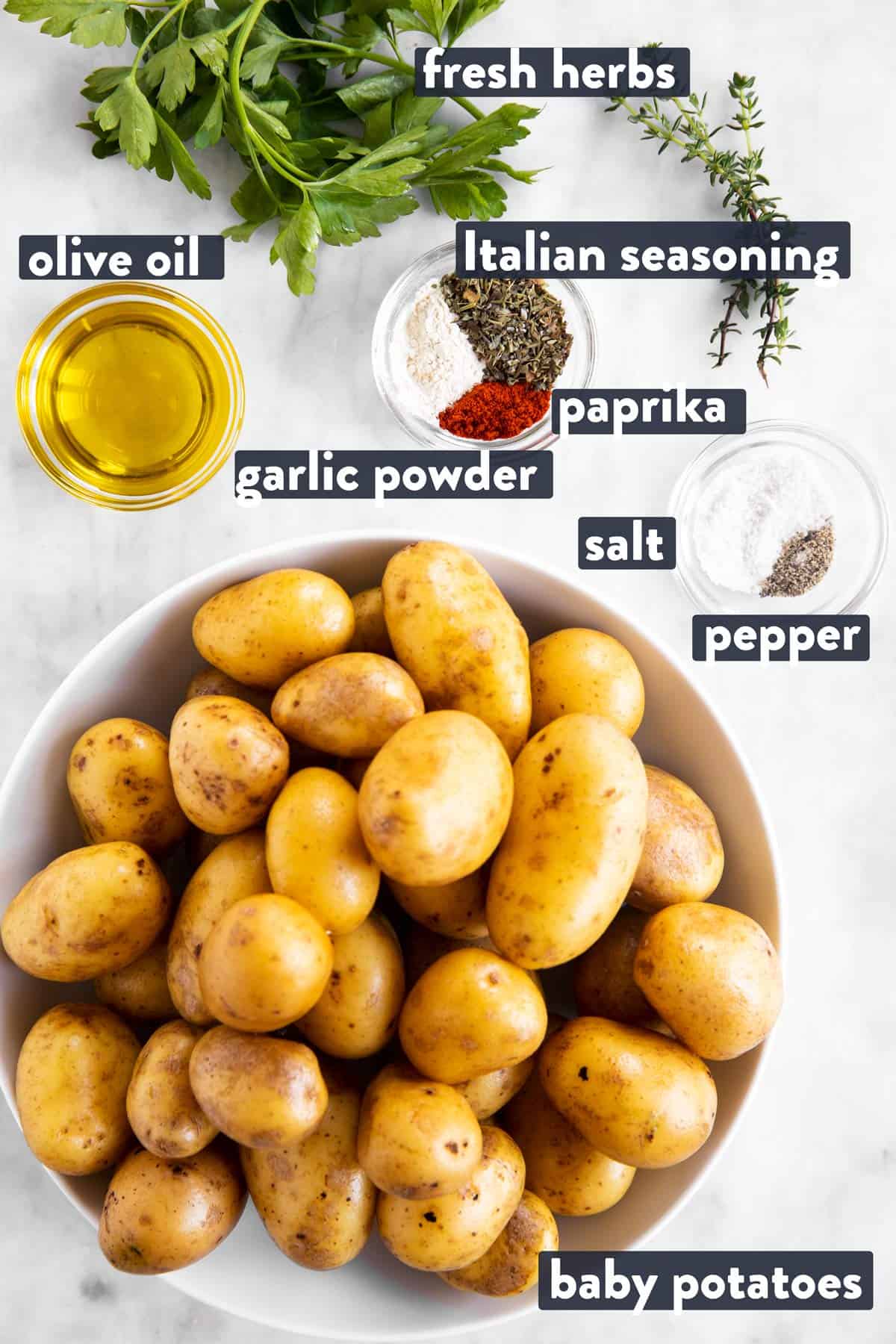 ingredients for roasted baby potatoes with text labels