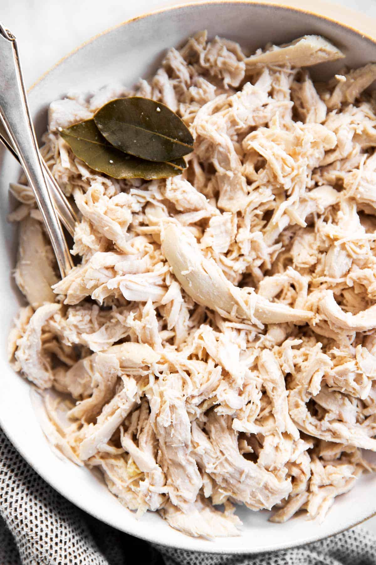 overhead view of white bowl filled with shredded chicken