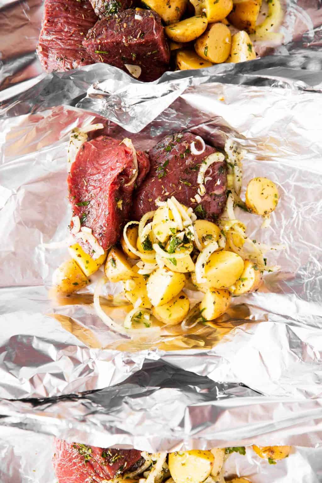 Garlic Butter Steak and Potato Foil Packets - Savory Nothings