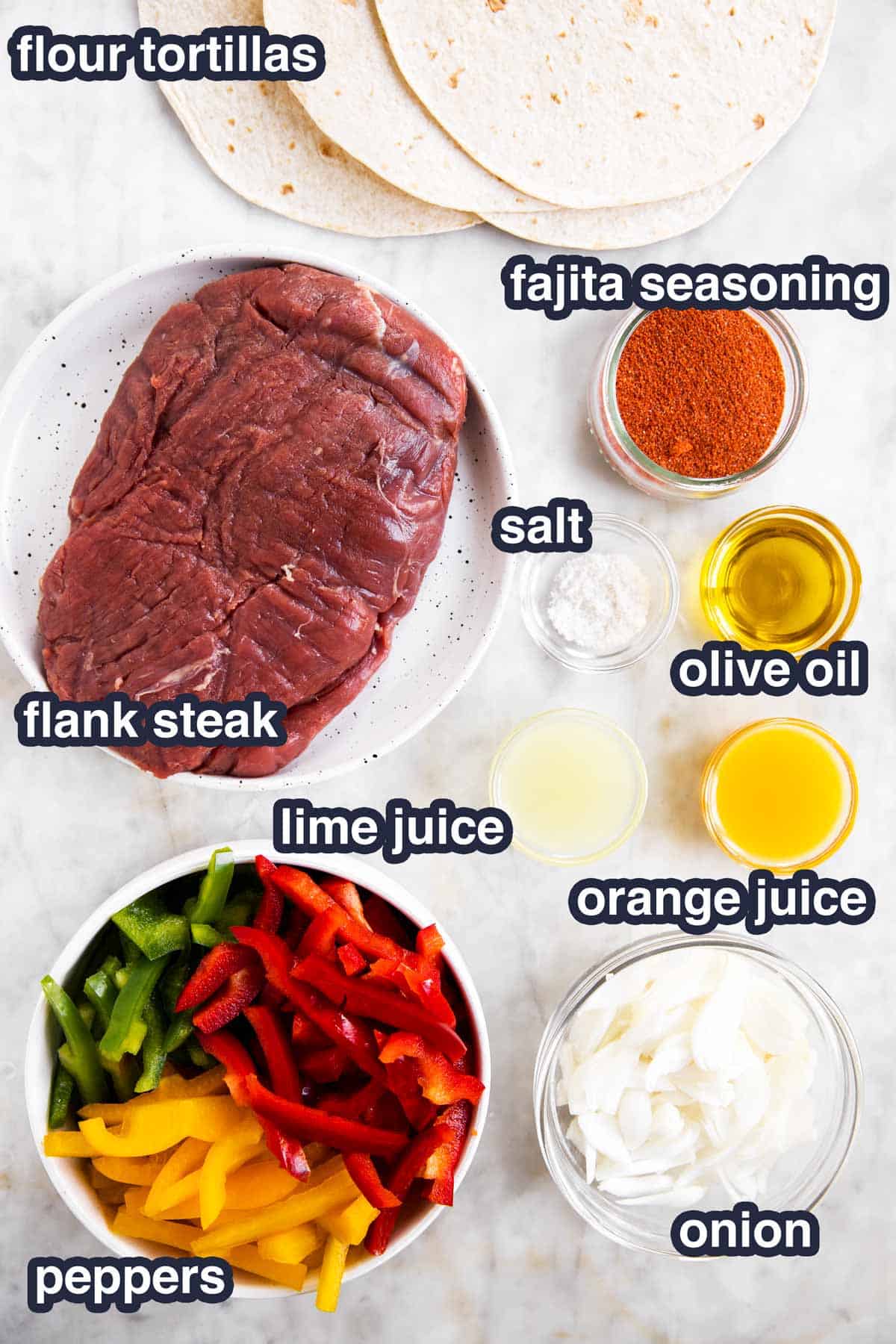 ingredients for steak fajitas with text labels