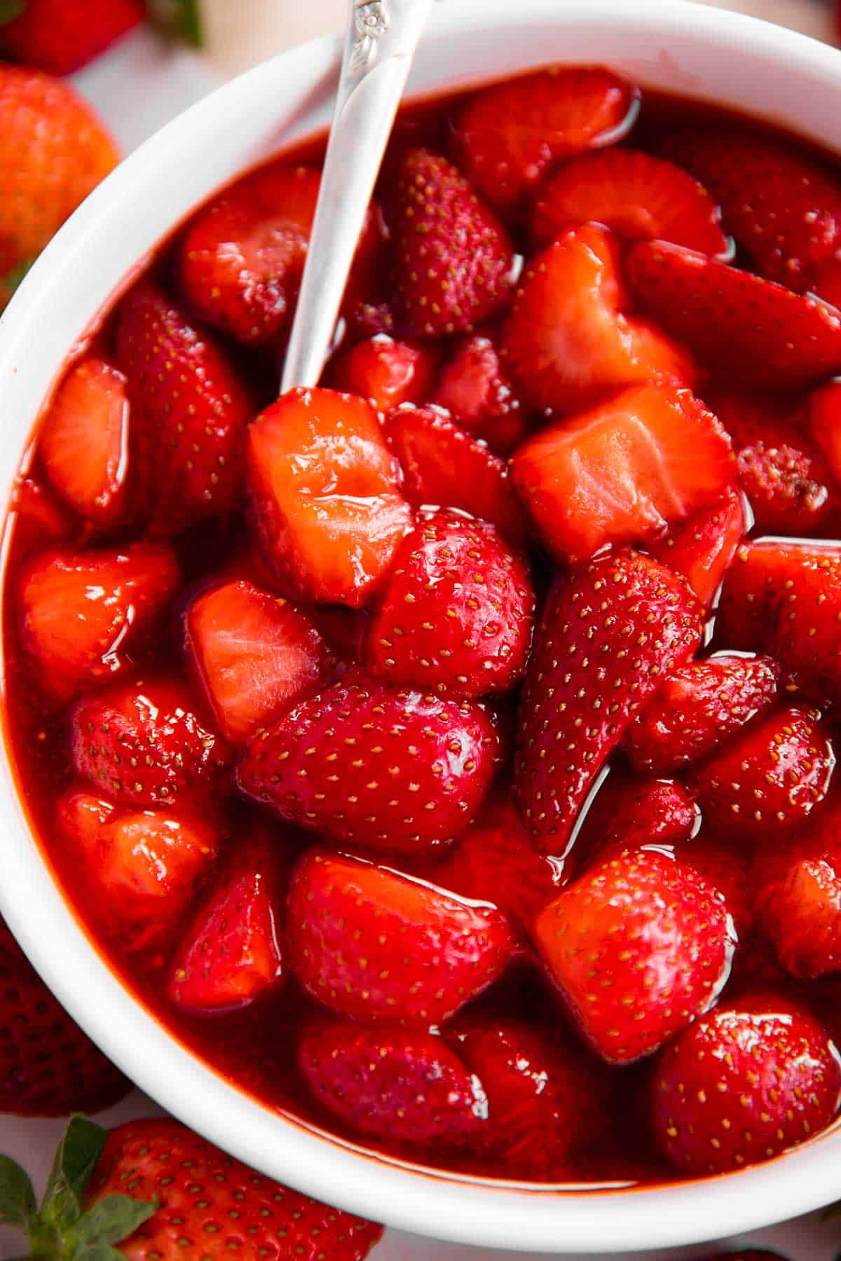 overhead close up of strawberry sauce