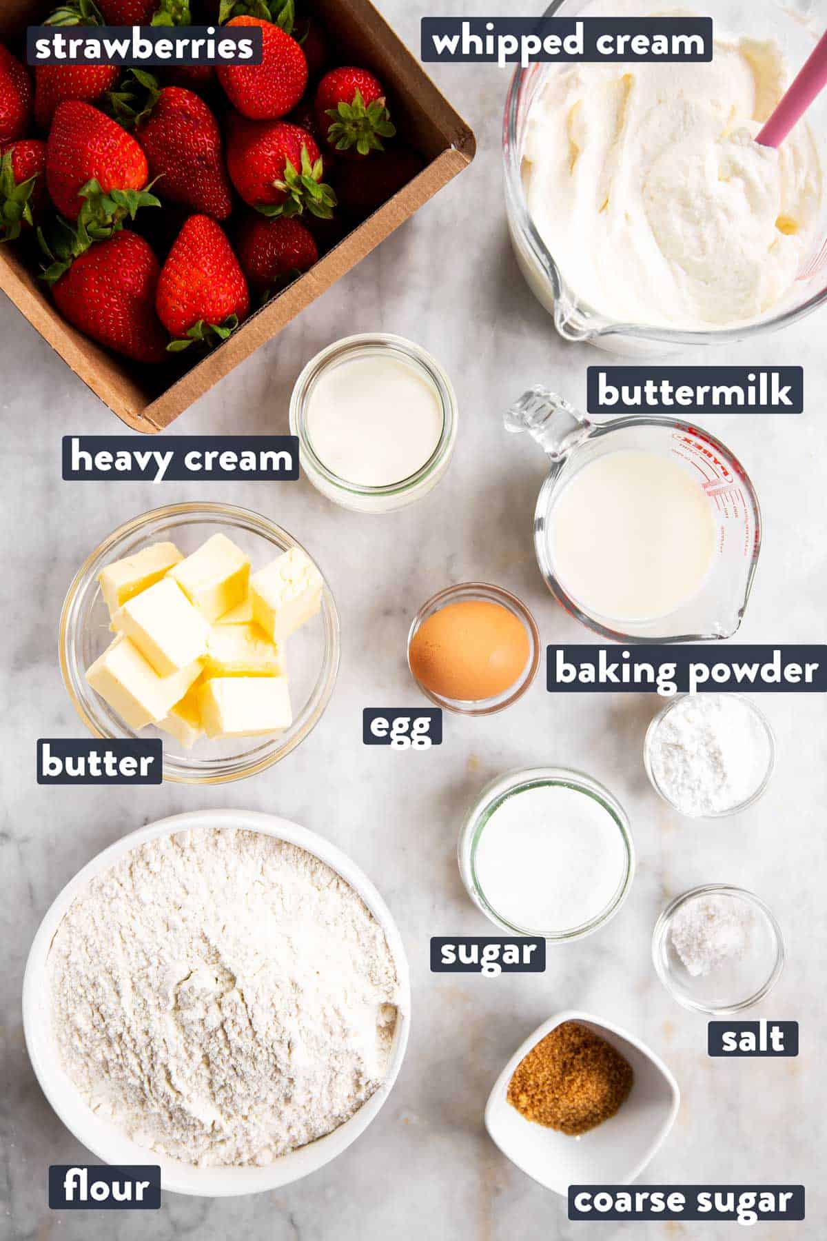 ingredients for strawberry shortcake with text labels